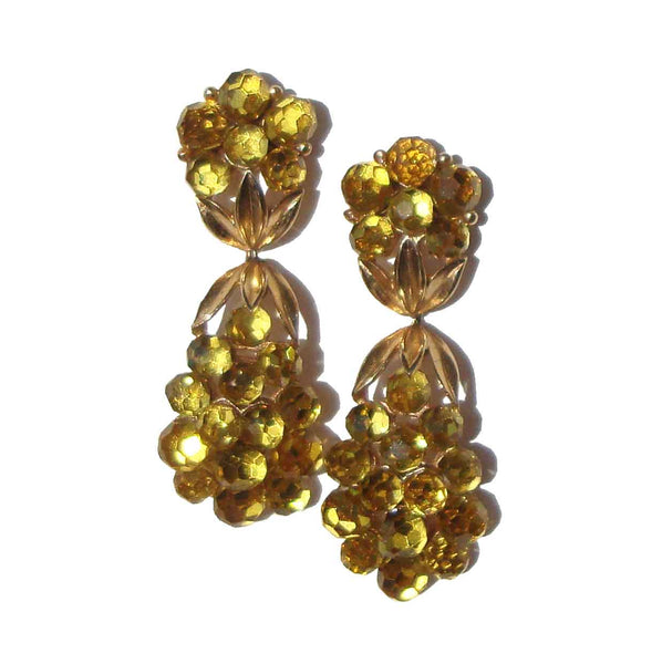 Vintage 60s Trifari Briolette Earrings Topaz Yellow Grape Cluster Dangle Drops