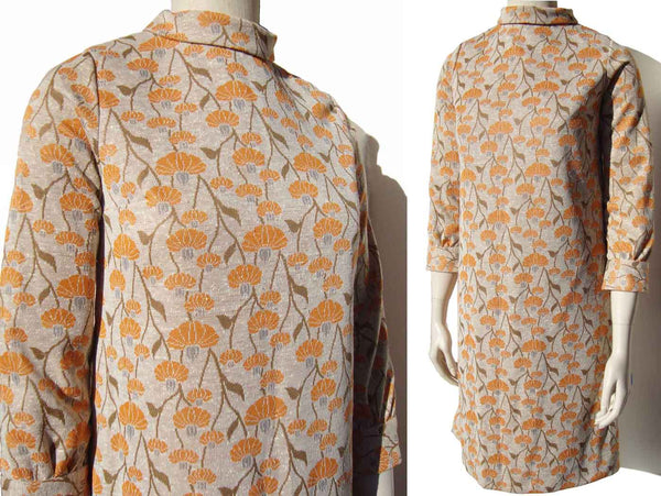 Vintage 70s Dress Floral Nouveau Orange Print S XS