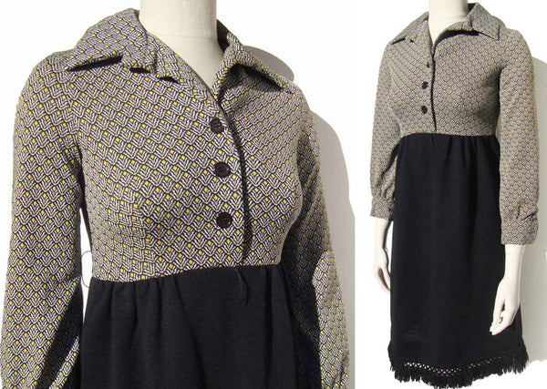 Vintage 70s Dress Two Tone Knit Black White Yellow S XS – Brenner Couture