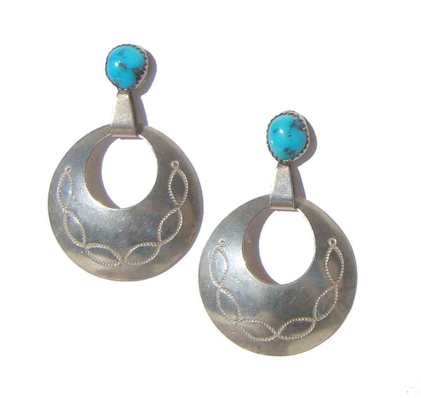 Vintage 70s Navajo Sterling & Turquoise Hoop Earrings