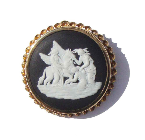Vintage 60s Wedgwood 9ct Gold Cameo Black Basaltware Pegasus Brooch & Pendant Jasperware