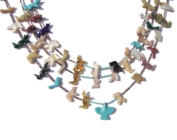 Vintage 70s Zuni Triple Strand Fetish Necklace Sterling Turquoise Heishi Beads