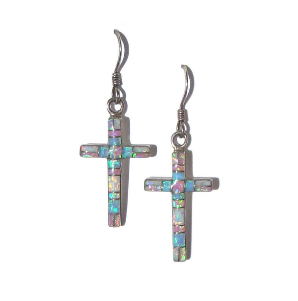 Vintage Sterling Silver Zuni Opal Mosaic Cross Earrings – Signed PE