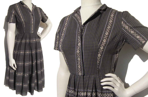 Vintage 50s 60s Dress Kay Windsor Plaid & Floral Black & Brown Checks