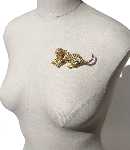 Rhinestone Tiger Brooch - Metro Retro Vintage