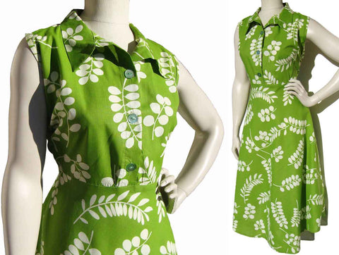 Vintage 70s Cotton Dress Lime Green Foliate Print XL