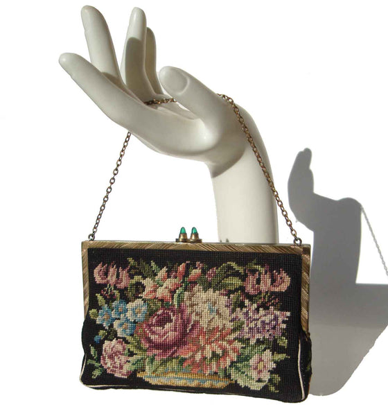 Vintage 30s Petit Point Purse Tapestry Needlepoint Bag