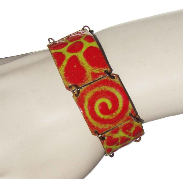 Vintage 60s Modernist Bracelet Red & Lime Enameled Copper