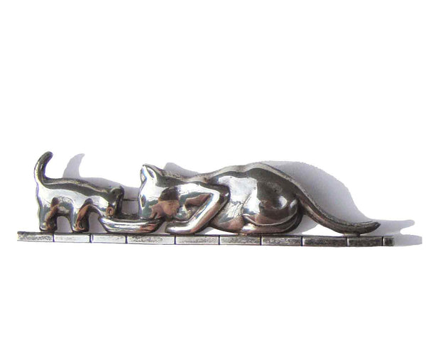 Vintage Taxco Cat & Kitten Brooch Sterling Silver Bar Pin