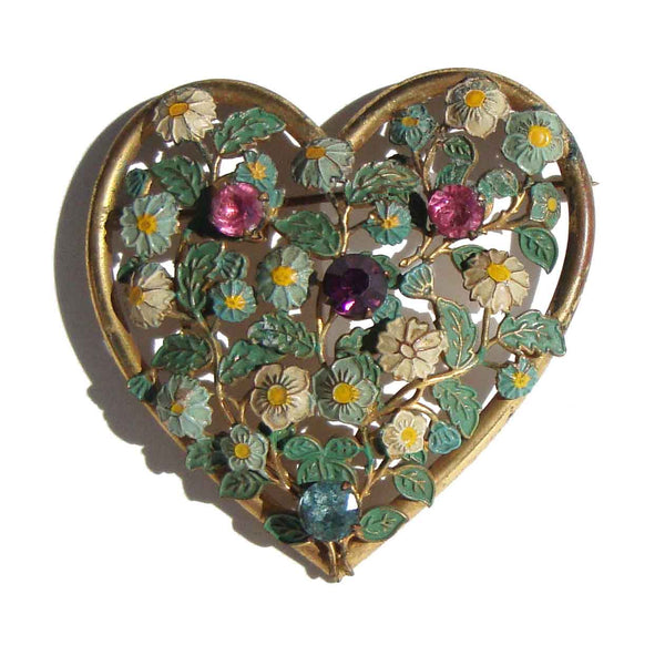 Vintage 40s Ernest Steiner Heart Brooch Rhinestone Sweetheart Pin