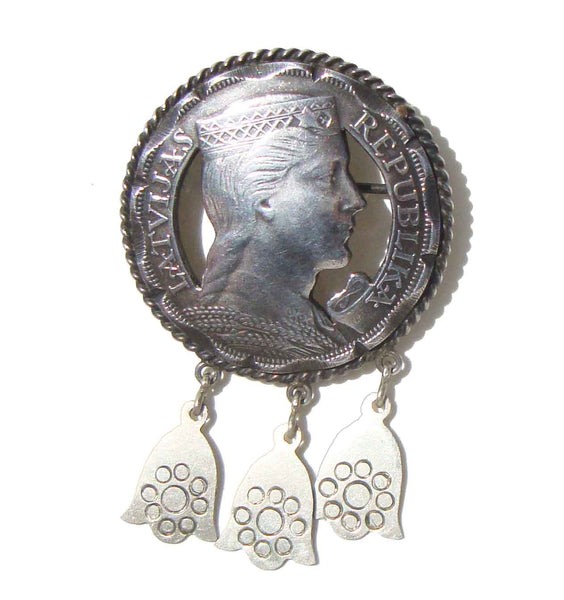 Vintage Silver 1932 Pieci 5 Lati Coin Brooch Love Token Republic of Latvia