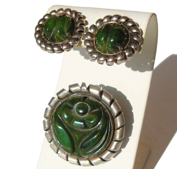 Vintage Bakelite Demi-Parure Art Deco Brooch & Earrings Set