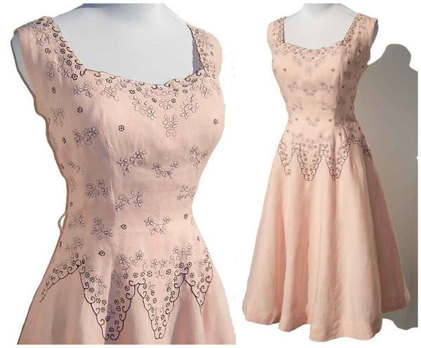Vintage 50s Cuban Dress Pink Embroidered Rockabilly Frock Pre-Embargo