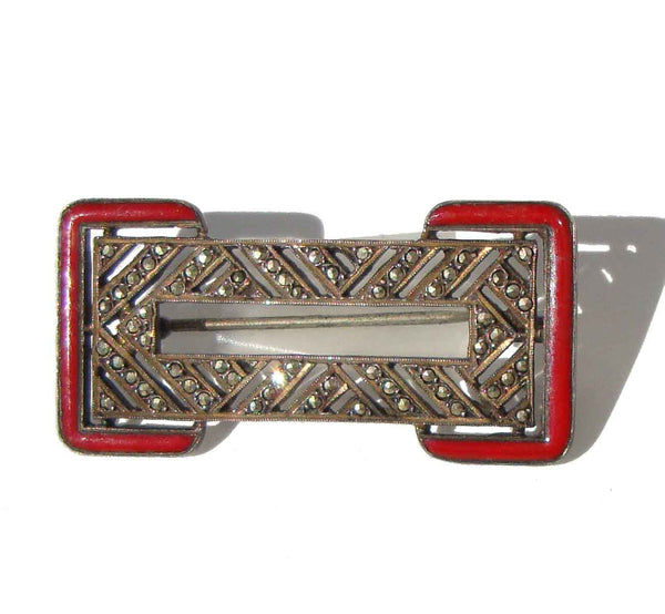 Vintage Art Deco Brooch French Silver Marcasites & Red Enamel Pin