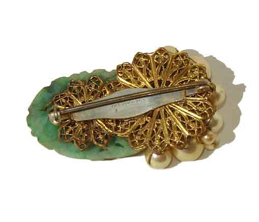Back of vintage Jade with Pearls Brooch Pin
