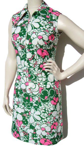 Vintage 70s Dress Mod Pink Green Floral Shift M