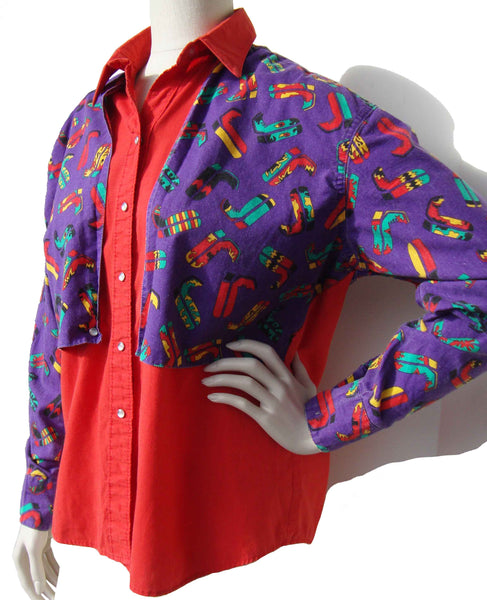 Vintage Rockmount Western Shirt Red & Purple Rodeo Boots Novelty Print