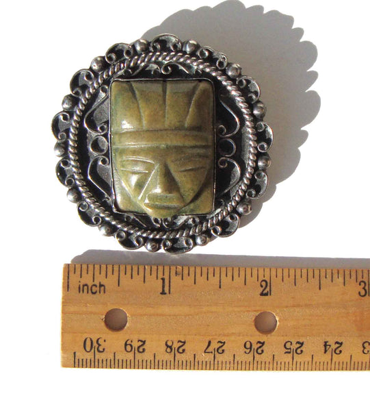 Vintage Taxco Silver & Adventurine Mask Brooch