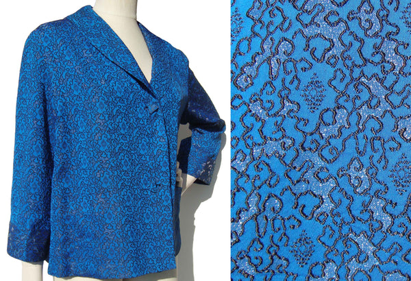 Vintage 50s Topper Blue Silver Brocade Asian Swing Jacket