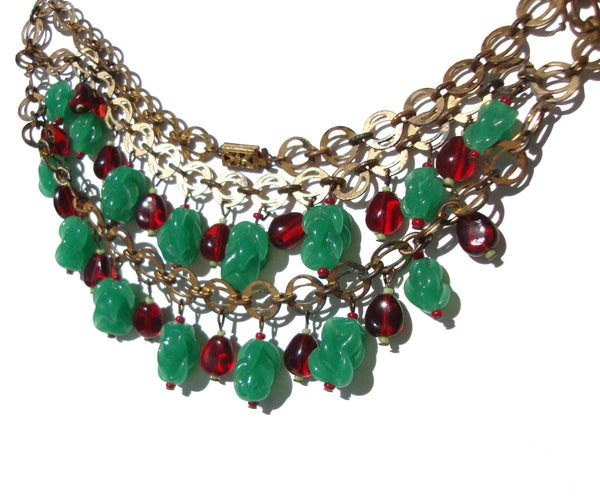 Vintage 30s Gripoix Fringe Necklace Rousselet Red & Green Pate de Verre Mughal Fruit Salad