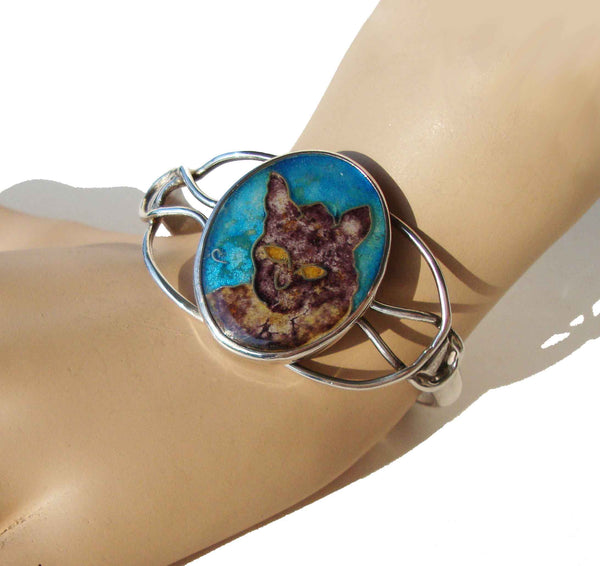 Vintage Sterling Enamel Cat Bracelet