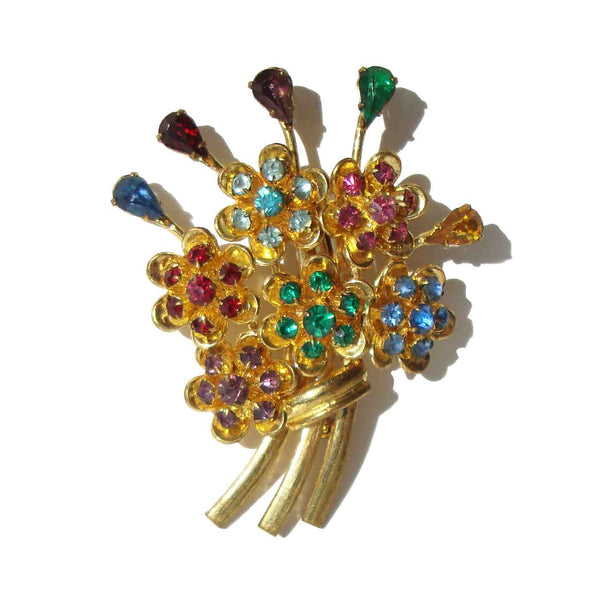 Art Deco Bohemian Rhinestone Floral Brooch Multicolor Bouquet Czech Pin