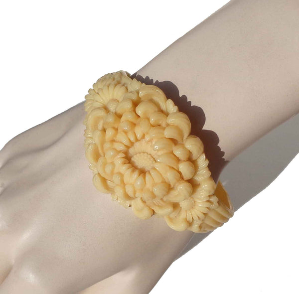 Vintage 30s Celluloid Bracelet Art Deco Chrysanthemum Flower Sz 8