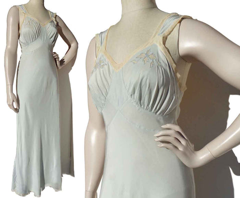 Vintage 40s Blue Nightgown Rayon & Lace Bias Cut