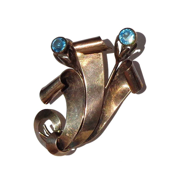 Vintage 40s Carl-Art Brooch Art Deco Sterling Silver GF Aqua Pin