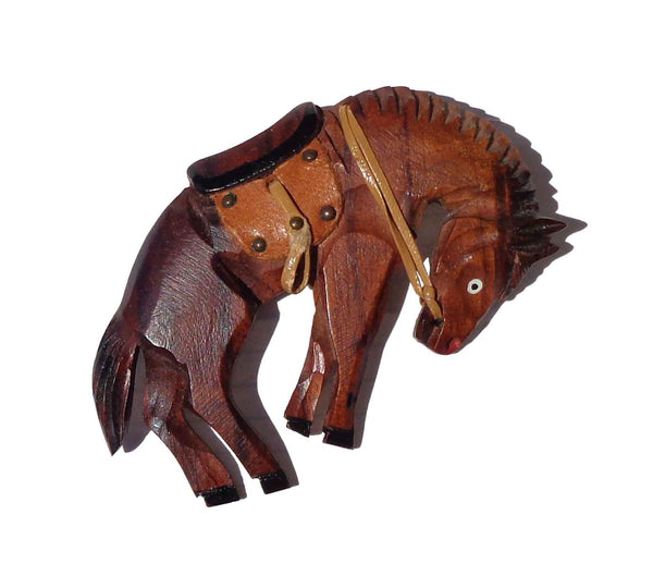 Vintage 40s Horse Brooch Carved Wood Bucking Bronco Pin 3.5 Inches