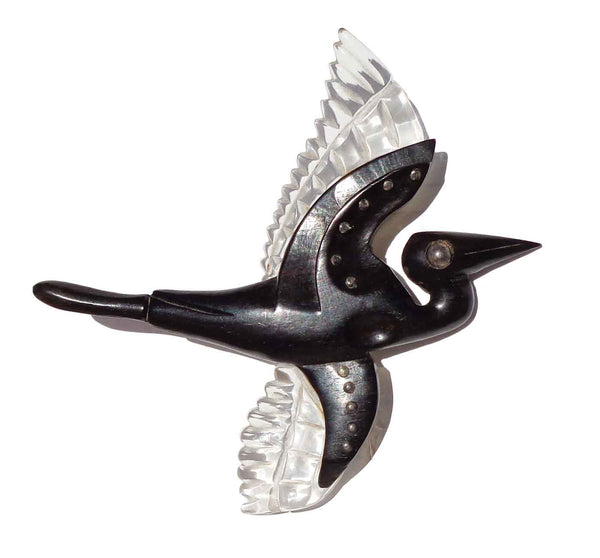 Vintage 40s Elzac Bird Brooch Wood & Lucite Heron Egret Pin 4.5 Inches 