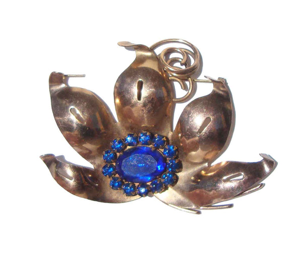 Vintage 40s Flower Brooch Rose Gold & Blue Crystal – 3+ Inches