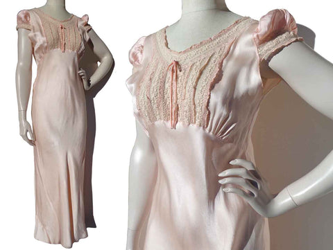 Vintage 40s Pink Nightgown Bias Cut Liquid Satin & Lace Rayon