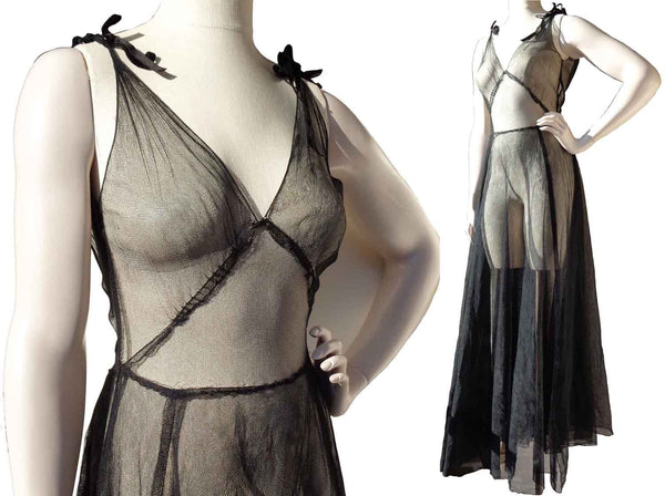 Vintage 50s Sheer Black Tulle Dress Gown Overdress Eveningwear S
