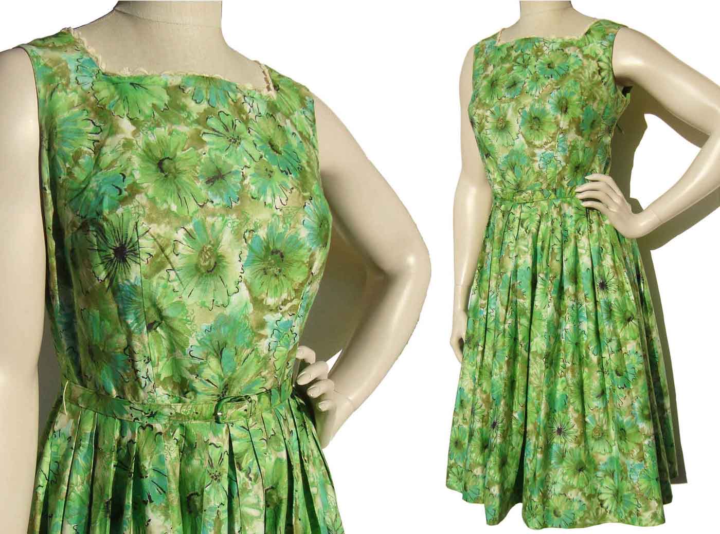 Vintage 50s Green Floral Dress Garden Party Full Skirt Cotton M Vintage 50s Green Floral Dress Garden Party Full Skirt Cotton M
