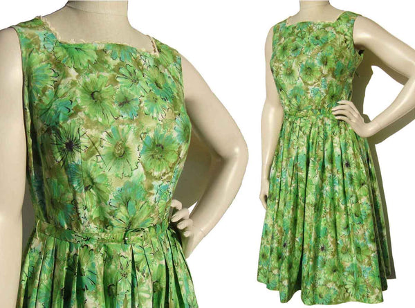 Vintage 50s Green Floral Dress Garden Party Full Skirt Cotton M