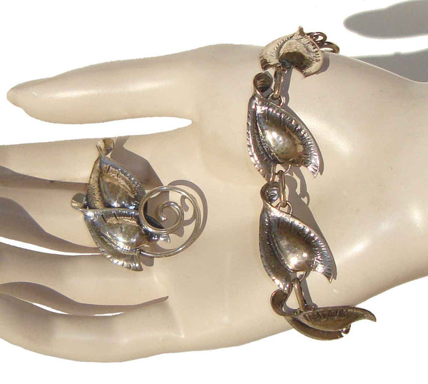 Vintage 50s JewelArt Sterling Silver Leaf Bracelet & Brooch Demi Parure