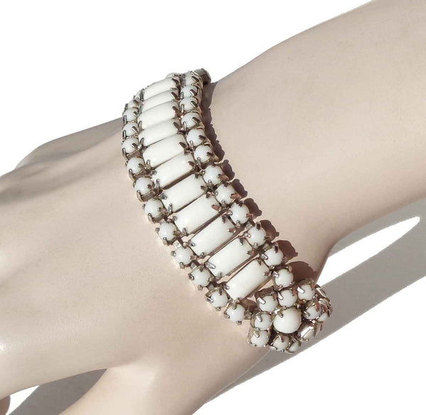 Vintage 50s Kramer Milk Glass Rhinestone Bracelet