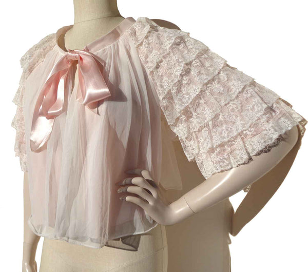 Vintage 50s Pink Bed Jacket Ruffled Sleeves S - by Chevette