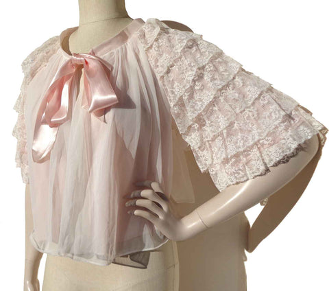Vintage 50s Pink Bed Jacket Ruffled Sleeves S - by Chevette