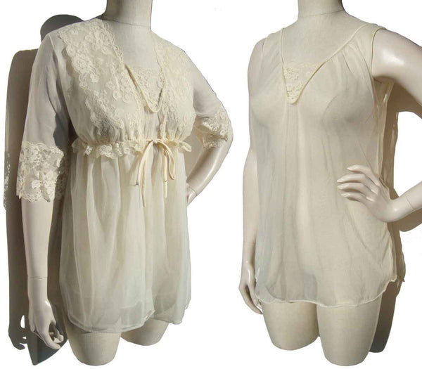 Vintage 60s Peignoir White Sheer Lingerie Babydoll Mini Nightgown & Jacket Negligee Set