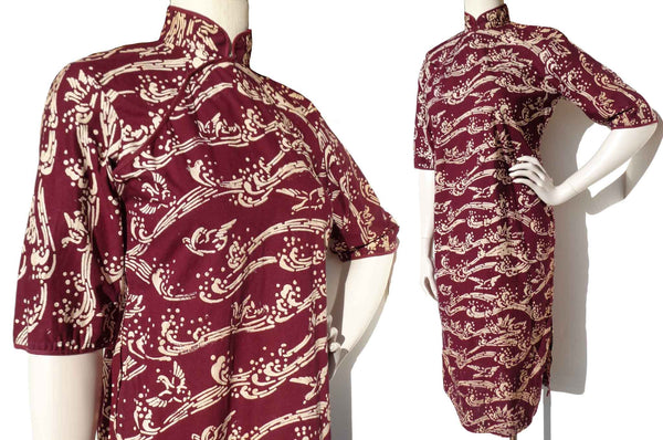 Vintage 60s Cheongsam Dress Batik Burgundy Qipao Birds & Waves