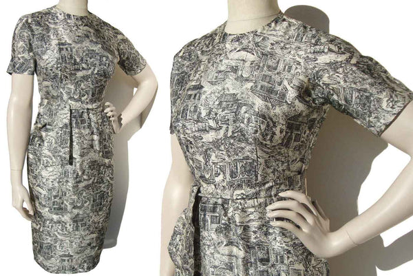 Vintage 60s Sheath Dress B&W Toile Novelty Print