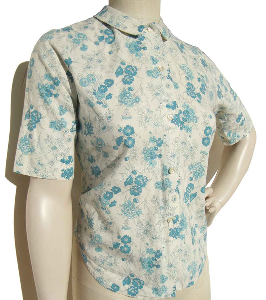 Vintage 60s Blue & White Floral Cotton Shirt Blouse S – Lady Van Heusen