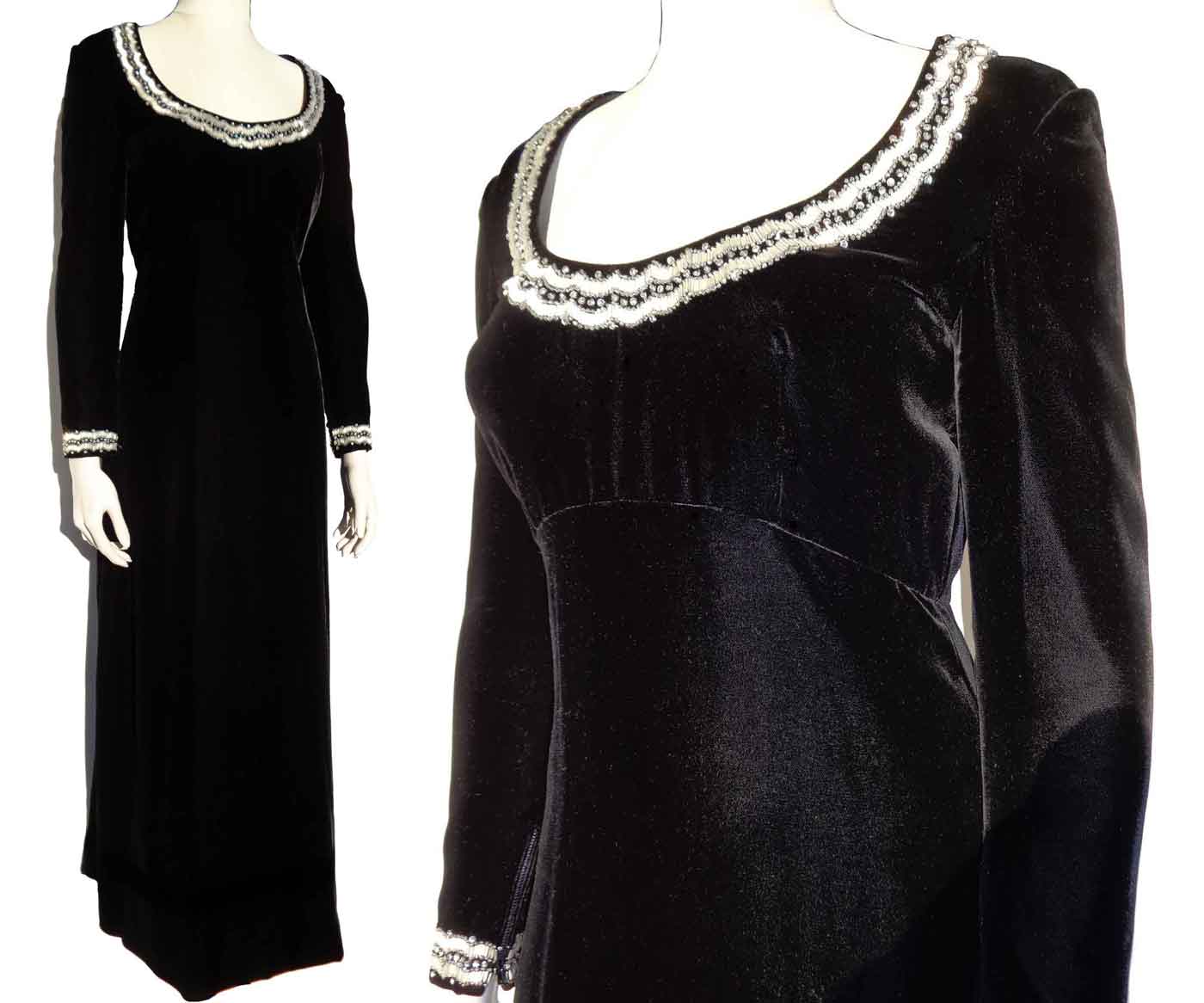 Vintage 60s Black Velvet & Rhinestone Beaded Evening Dress Gown