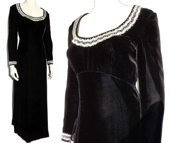 Vintage 60s Black Velvet & Rhinestone Beaded Evening Dress Gown