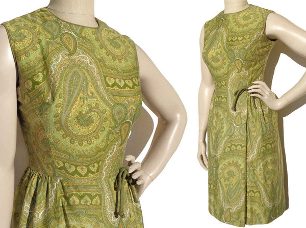 Vintage 60s Paisley Dress Olivine Green & Yellow Cotton Buta