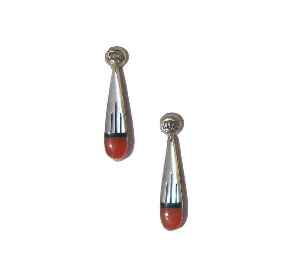 Vintage 60s Zuni Inlay Raindrop Earrings Sterling Silver