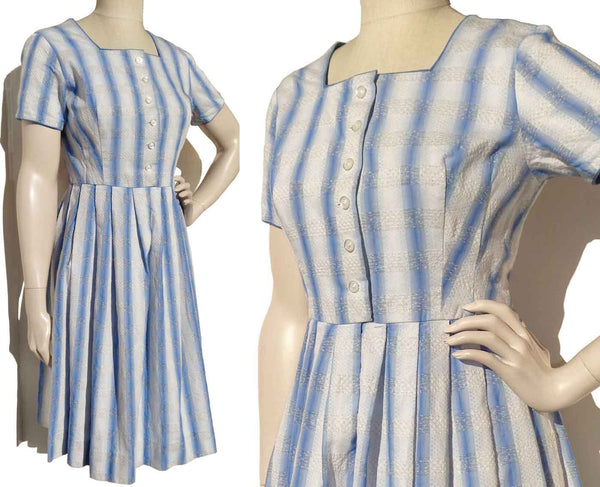 Vintage 60s Dress Blue & White Cotton 