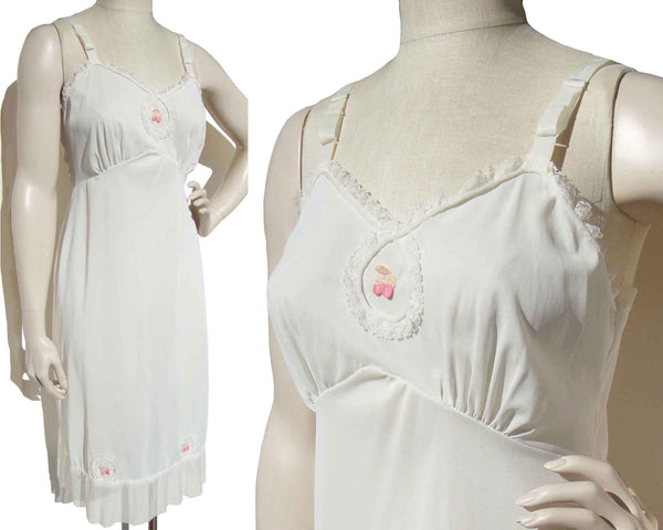Vintage 60s Dress Slip White Nylon & Pink Cherries S